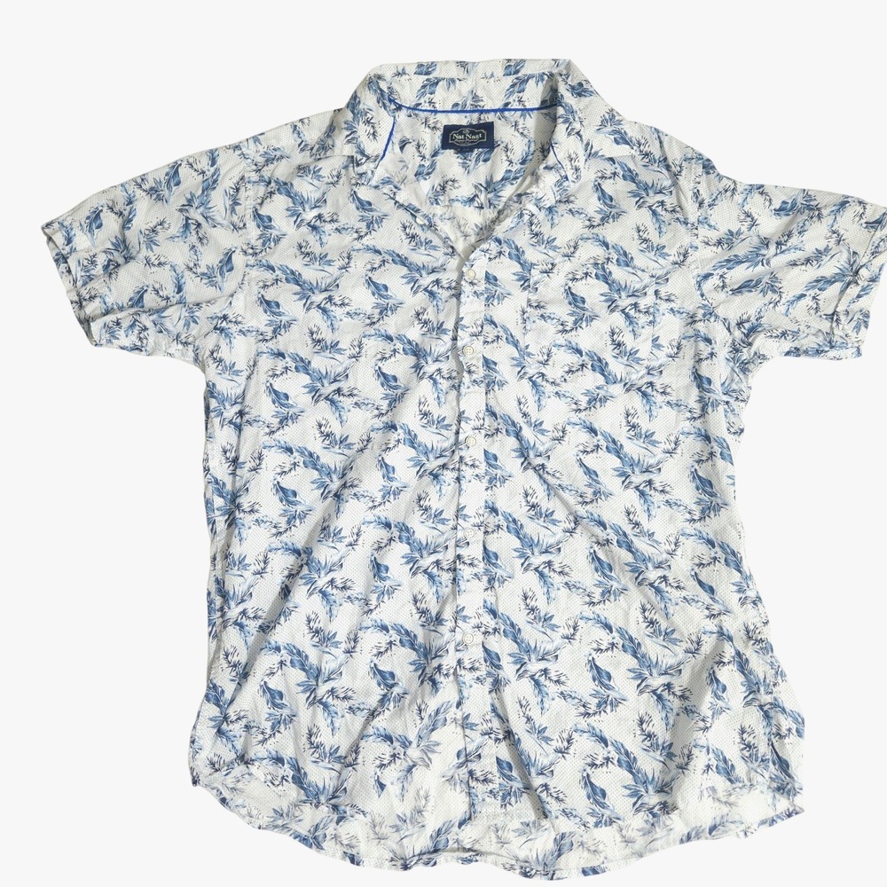 Nat Nast Mens Luxury Original Short Sleeve Button Down Shirt Blue Feather Print